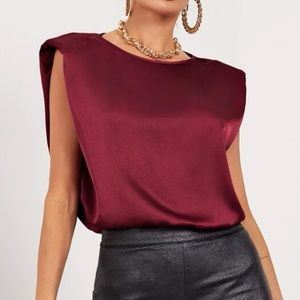 SHEIN Maroon Solid Sleeveless Shoulder Pad Satin Top. SZ: MEDIUM.